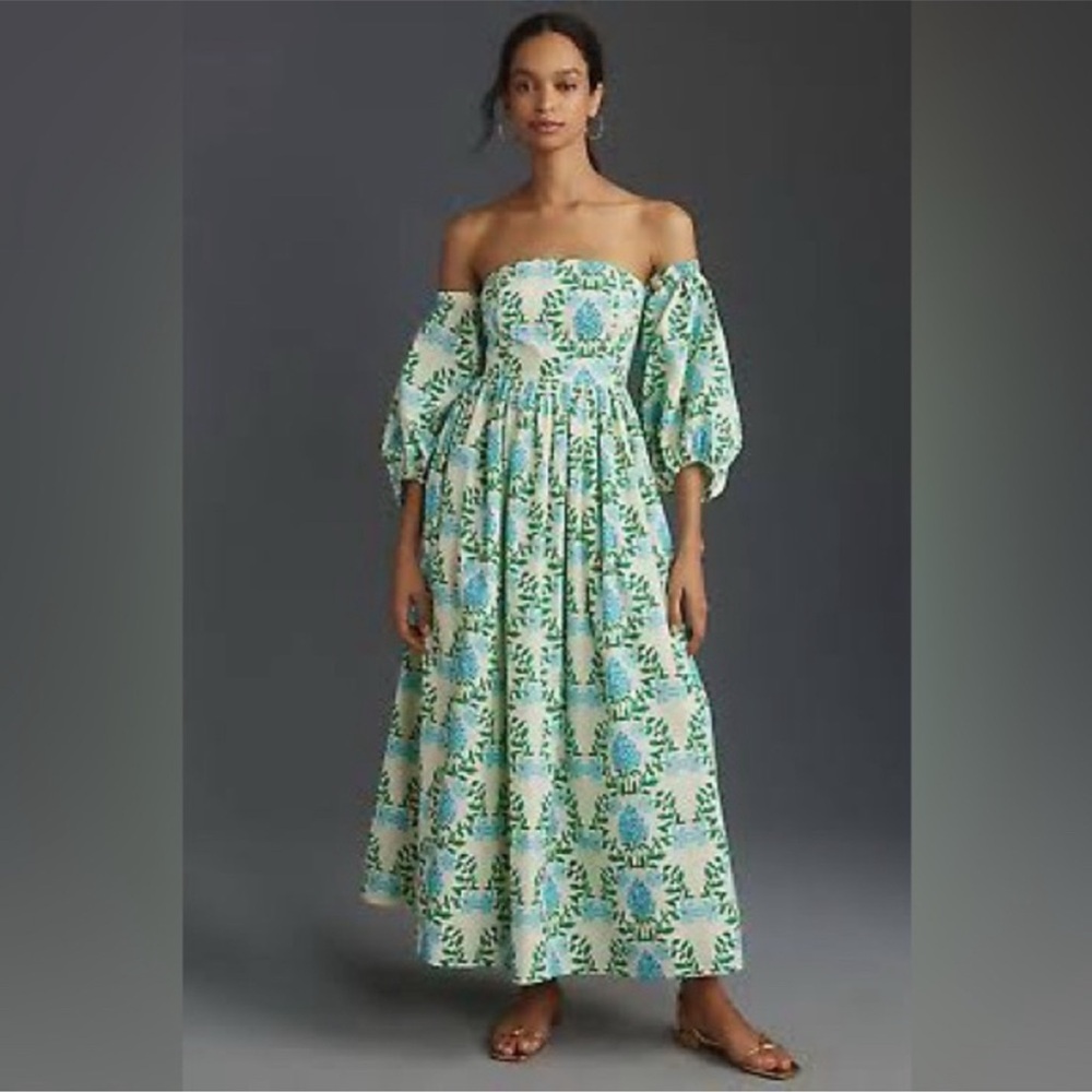 Anthropologie Strapless Dress in Blue and Green Floral